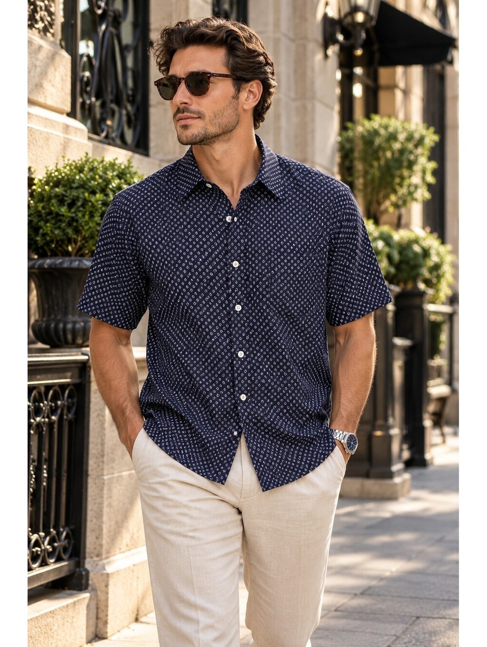 Double Red Horse Men's Navy Blue 100% Pure Silk Short Sleeve Shirt Size 16 / 41